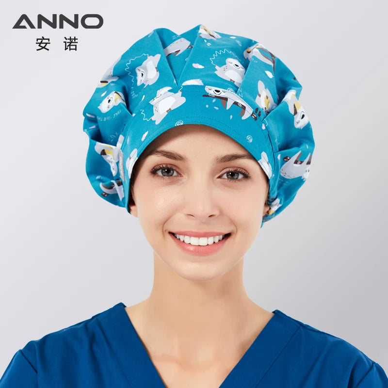 ANNO Cotton Caps Women Hospital Doctor Nurse Work Hats Bouffant Nursing Cap with Sweatband Long Hair Head Wear Chlorine Bleach 01A-B105