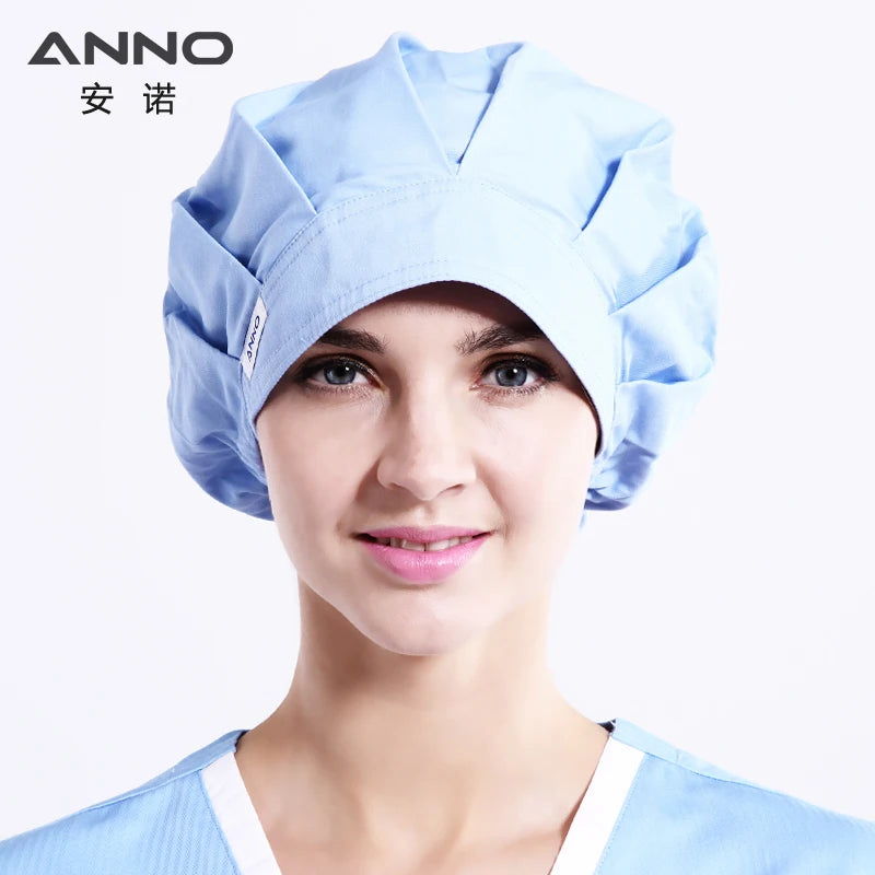 ANNO Solid Color Scrubs Caps Women Hospital Doctor Nurse Work Hats Bouffant Nursing Cap with Sweatband Long Hair Head Dress 01A-A12