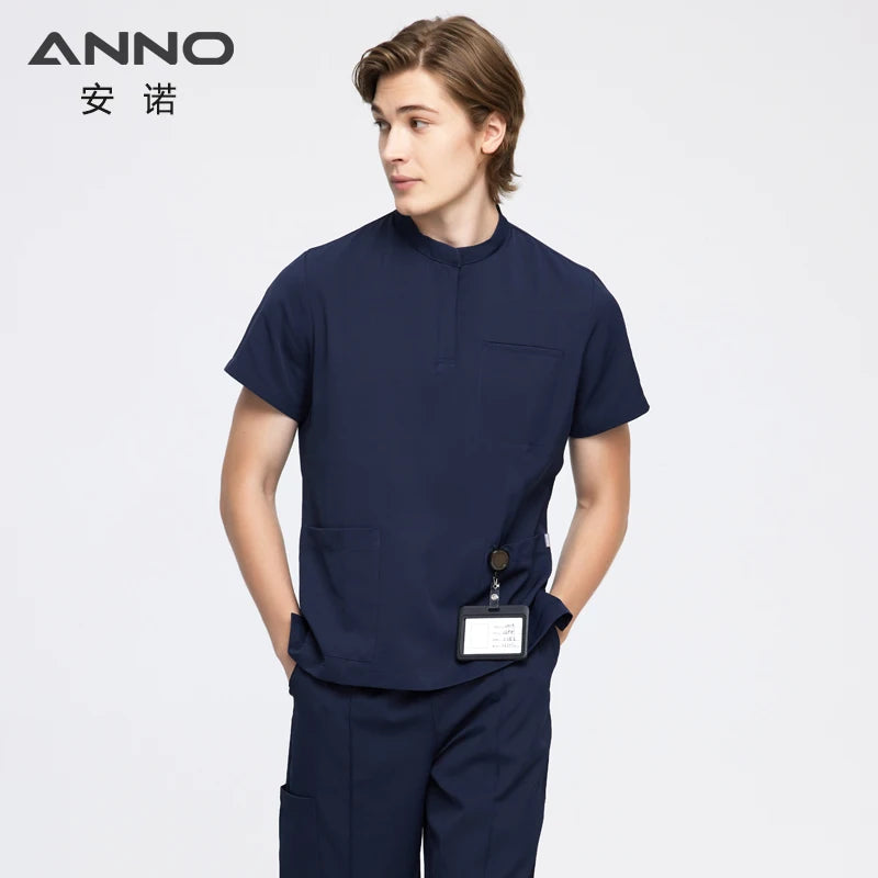 ANNO Cool Fabric Medical Scrubs Set Summer Nurse Uniform Hospital Sanitary Doctor Suit Antibacteria Antistatic Wrinkle Free CP01-Navy blue-Set