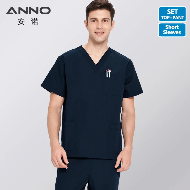 ANNO Solid Color Scrubs Set Work Cloths with Short/Long Sleeves Nursing Uniform Tops Trousers Nurse Suit Hospital Dress 09SS001-HeiLan-Set