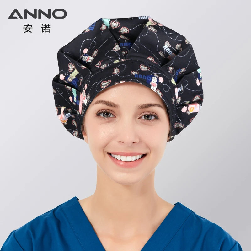 ANNO Cotton Caps Women Hospital Doctor Nurse Work Hats Bouffant Nursing Cap with Sweatband Long Hair Head Wear Chlorine Bleach 01A-B112
