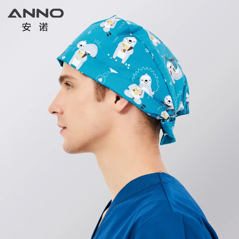 ANNO Cotton Scrub Caps Women Hospital Doctor Nurse Work Hats Nursing Cap Short or Long Hair Head Wear Animal Carton Print 01B-B105
