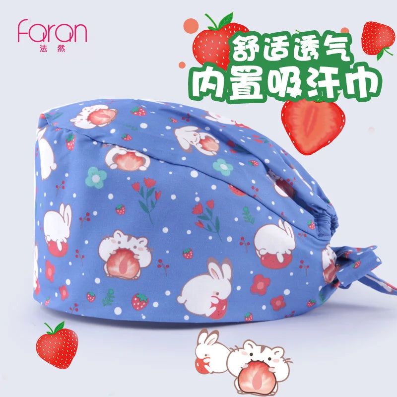 Faran Cotton Scrub Caps Women Men Dentist Hospital Doctor Work Surgical Hats Nursing Head Dress for Men Animal Carton Print FRH01-X054