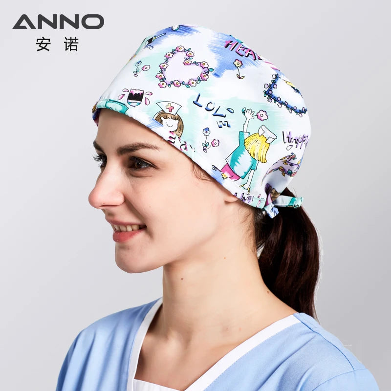 ANNO Disposable Cotton Caps Women Man Hat Clinic Hospital Doctor Nurse Work Hat Bouffant Printing Nursing Cap with Sweatband 01C-B03