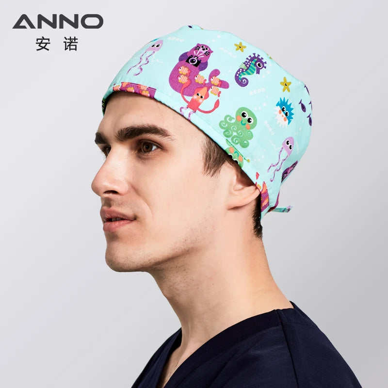 ANNO Disposable Cotton Caps Women Man Hat Clinic Hospital Doctor Nurse Work Hat Bouffant Printing Nursing Cap with Sweatband 01C-B32