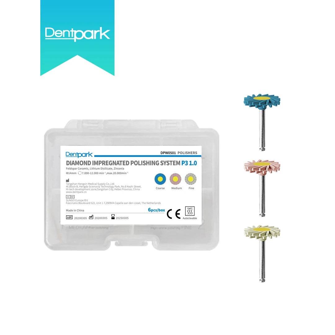 Dentpark/6pcs Dental polishers for ceramics 3-step diamond impregnated polishing Wheels For all porcelain materials zirconia mixed 6 wheels