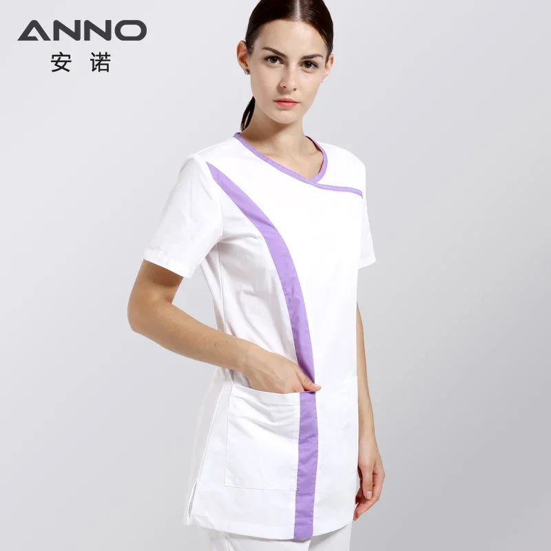 ANNO White Short Sleeves Nurse Uniforms Cotton Scrubs For Women Slim Fit O Neck Summer Beauty Salon Uniforms Clothing