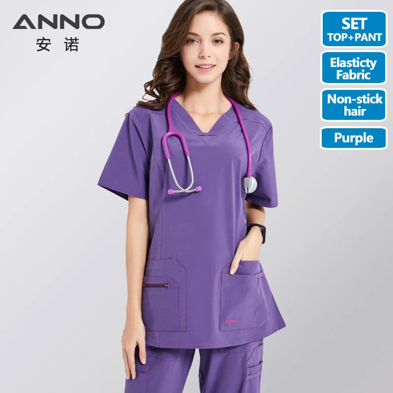 ANNO Non-stick Hair Scrubs Set Elasticity Nurse Uniform Slim fit Nursing Dress Pet Hospital Staff Cloths Veterinary Work Wear K04-Grape-Set