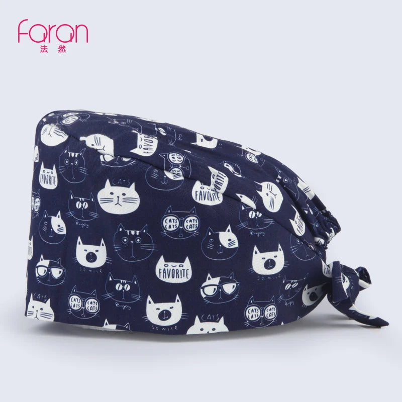 Faran Cotton Scrub Caps Women Men Dentist Hospital Doctor Work Surgical Hats Nursing Head Dress for Men Animal Carton Print FRH01-X035
