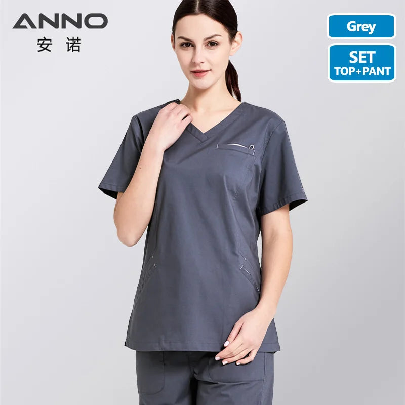 ANNO Cotton Scrubs Set Body Elasticity Nurse Uniform with Spandex Slim fit Fashion Nursing Dress Beauty Salon Work Wear T03-Grey-Set
