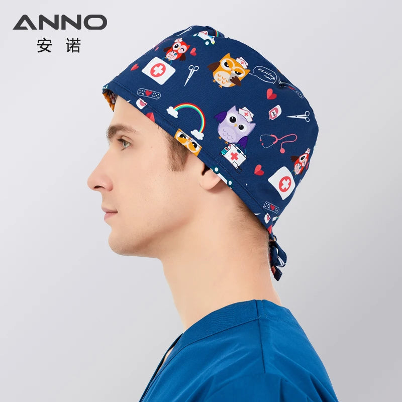 ANNO Disposable Cotton Caps Women Man Hat Clinic Hospital Doctor Nurse Work Hat Bouffant Printing Nursing Cap with Sweatband 01C-B103