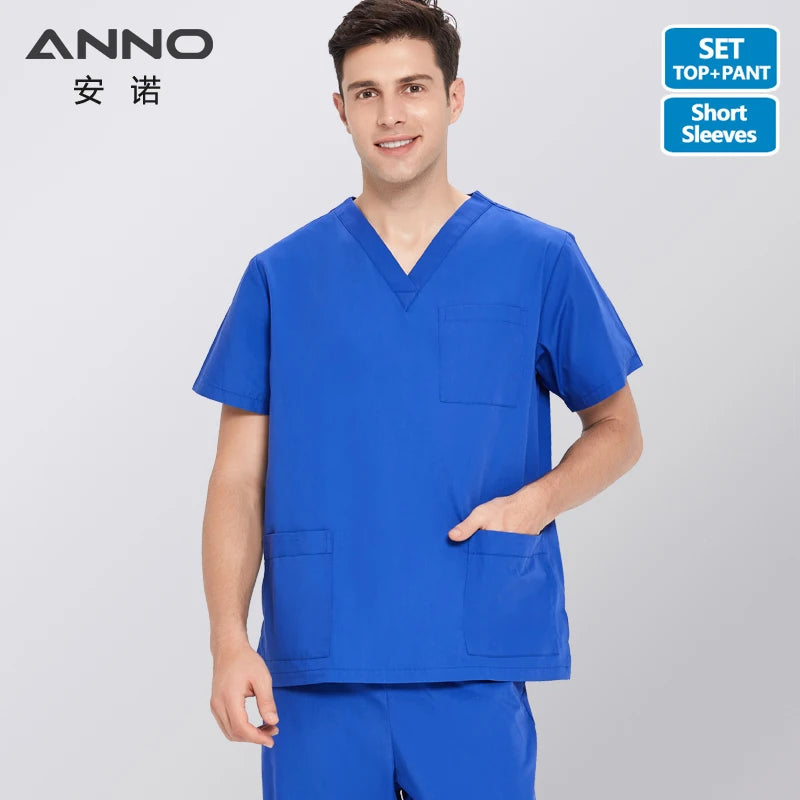 ANNO Solid Color Scrubs Set Work Cloths with Short/Long Sleeves Nursing Uniform Tops Trousers Nurse Suit Hospital Dress 09SS001-BaoLan-Set