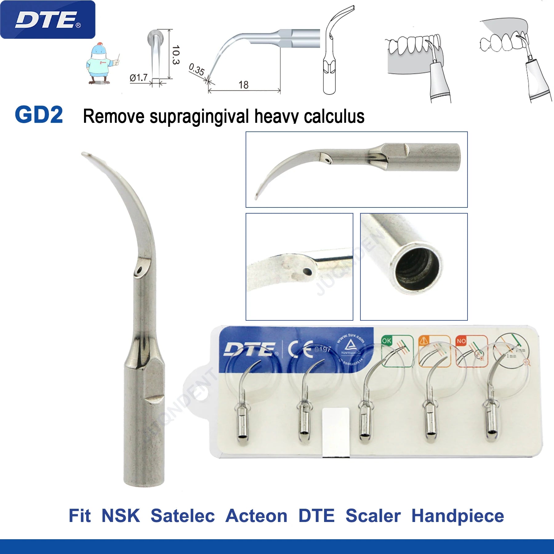 Original Woodpecker DTE Dental Scaler Tips Ultrasonic Scaling Tip G1-G8 GD1-GD8 For teeth cleaning Fit EMS NSK Satelec Acteon GD2-5pc