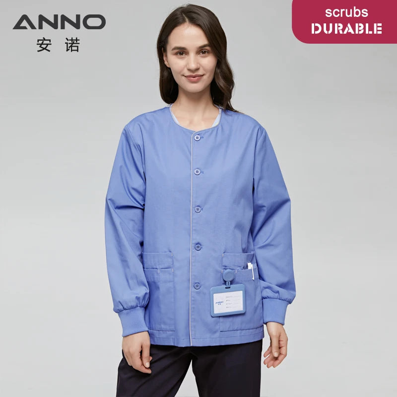 Long Sleeves Scrubs Jacket Pretty Outfit Nurse Out Coat Doctor Shirt Hospital Nursing Staff Uniforms Autumn Winter Work Wear A13-Blue
