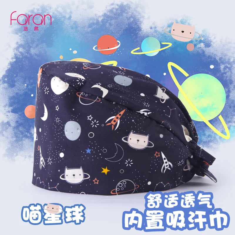 Faran Cotton Scrub Caps Women Men Dentist Hospital Doctor Work Surgical Hats Nursing Head Dress for Men Animal Carton Print FRH01-X046