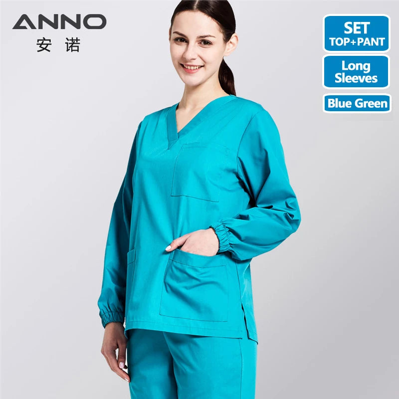 ANNO Solid Color Scrubs Set Work Cloths with Short/Long Sleeves Nursing Uniform Tops Trousers Nurse Suit Hospital Dress 09SS001-L-LanLv-Set