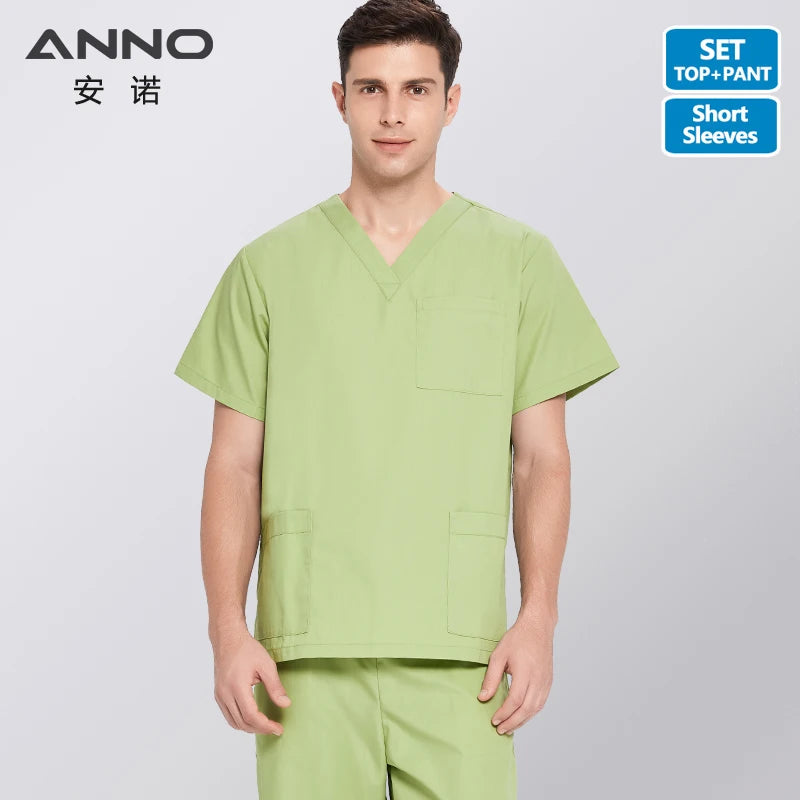 ANNO Solid Color Scrubs Set Work Cloths with Short/Long Sleeves Nursing Uniform Tops Trousers Nurse Suit Hospital Dress 09SS001-GuoLv-Set