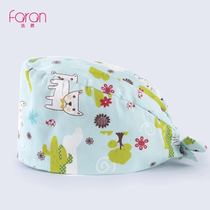 Faran Cotton Scrub Caps Women Men Dentist Hospital Doctor Work Surgical Hats Nursing Head Dress for Men Animal Carton Print FRH01-X060