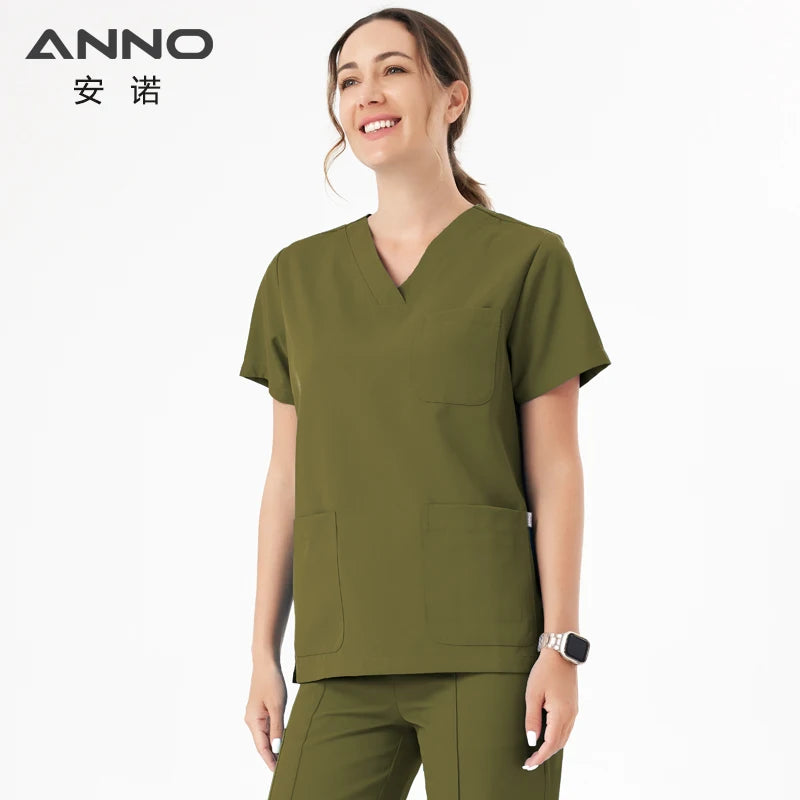 ANNO Cold Fabric Medical Scrubs Set Nursing Uniform Hospital Sanitary Nurse Suit Antibacteria Uniforms Antistatic Coveralls CP04-Set