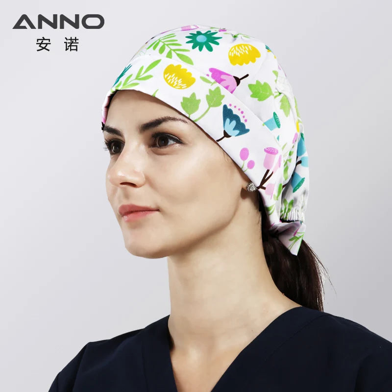 ANNO Cotton Scrub Caps Women Hospital Doctor Nurse Work Hats Nursing Cap Short or Long Hair Head Wear Animal Carton Print 01B-B36