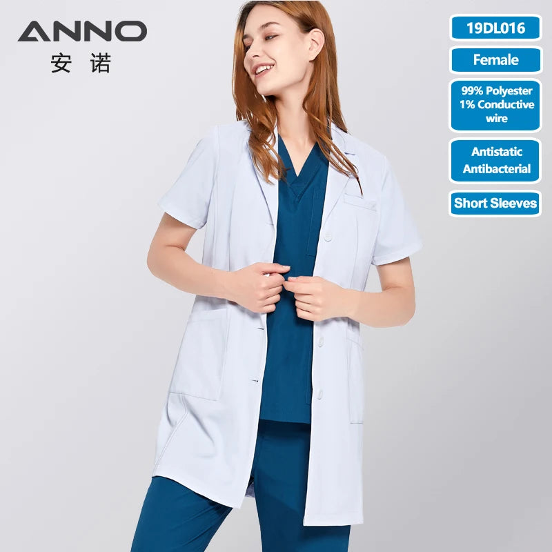 White Doctor Coats 99%Polyester 1%Conductive wire Antibacterial Anti-static Lab Uniforms Hospital Pharmacy Chemistry Gown 19DL016-Female