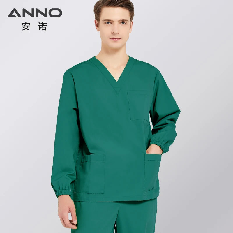 ANNO Solid Color Scrubs Set Work Cloths with Short/Long Sleeves Nursing Uniform Tops Trousers Nurse Suit Hospital Dress 09SS001-L-MoLv-Set