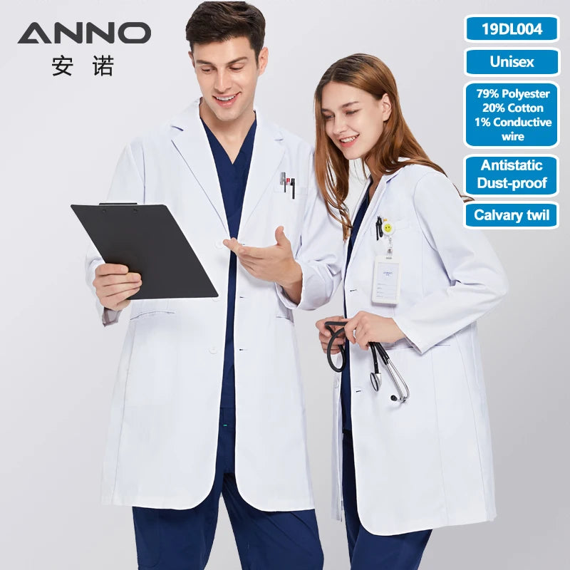 ANNO Anti-Static Lab Uniforms Out Fit Work Out Wear Unisex Pharmacy White Coat Chemistry Male Female White Doctor Clinic Gown 19DL004-Unisex