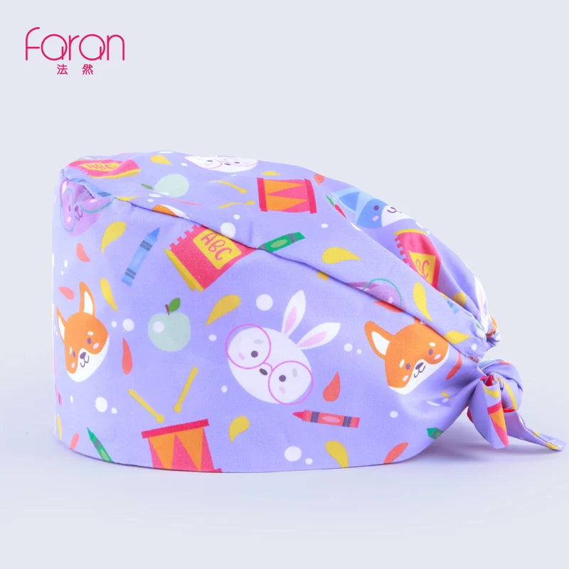 Faran Cotton Scrub Caps Women Men Dentist Hospital Doctor Work Surgical Hats Nursing Head Dress for Men Animal Carton Print FRH01-X055