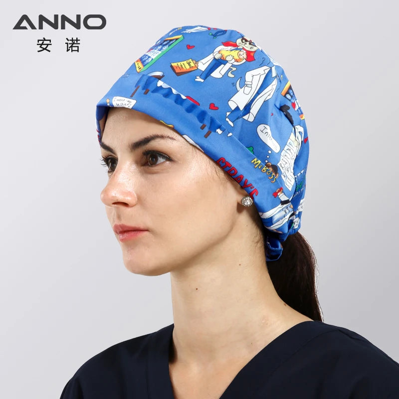 ANNO Cotton Scrub Caps Women Hospital Doctor Nurse Work Hats Nursing Cap Short or Long Hair Head Wear Animal Carton Print 01B-B42