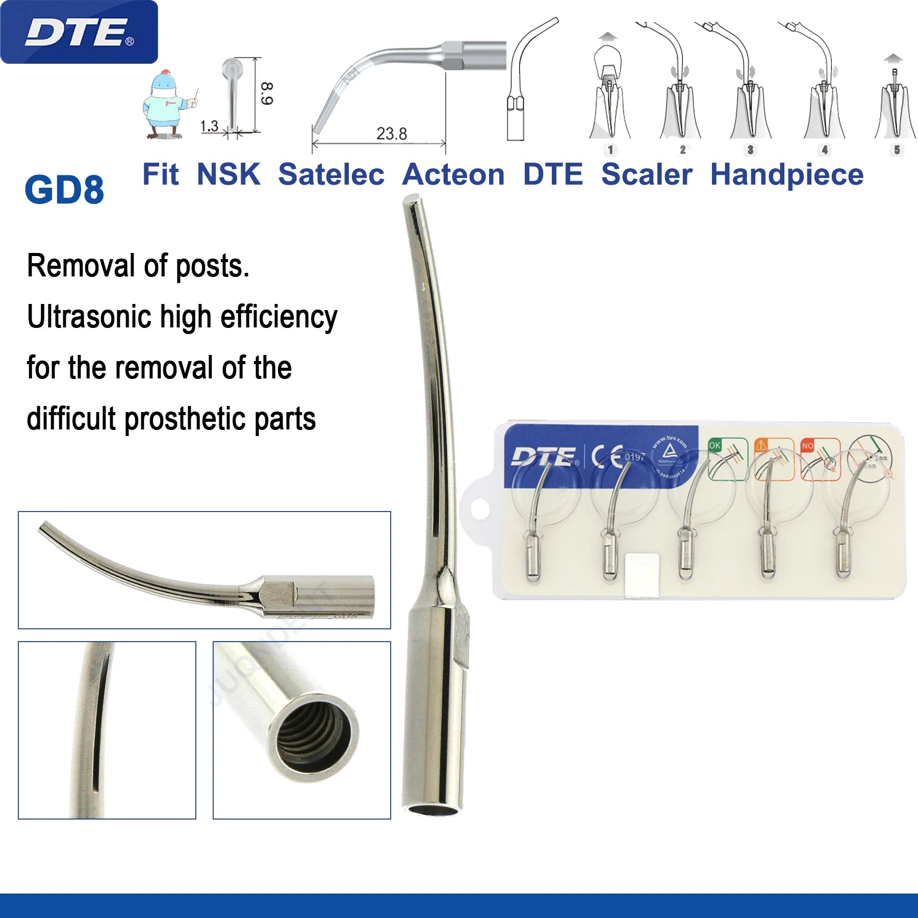 Original Woodpecker DTE Dental Scaler Tips Ultrasonic Scaling Tip G1-G8 GD1-GD8 For teeth cleaning Fit EMS NSK Satelec Acteon GD8-5pc