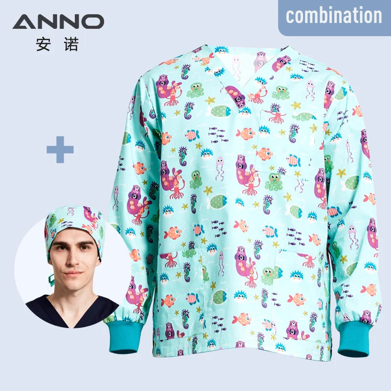 ANNO Hospital Autumn Winter Scrubs Tops Trousers Sets Optiona Long Sleeves Nursing Uniform Dental Clinic Supplies Nurse Clothing HaiDiShiJie-L-Top