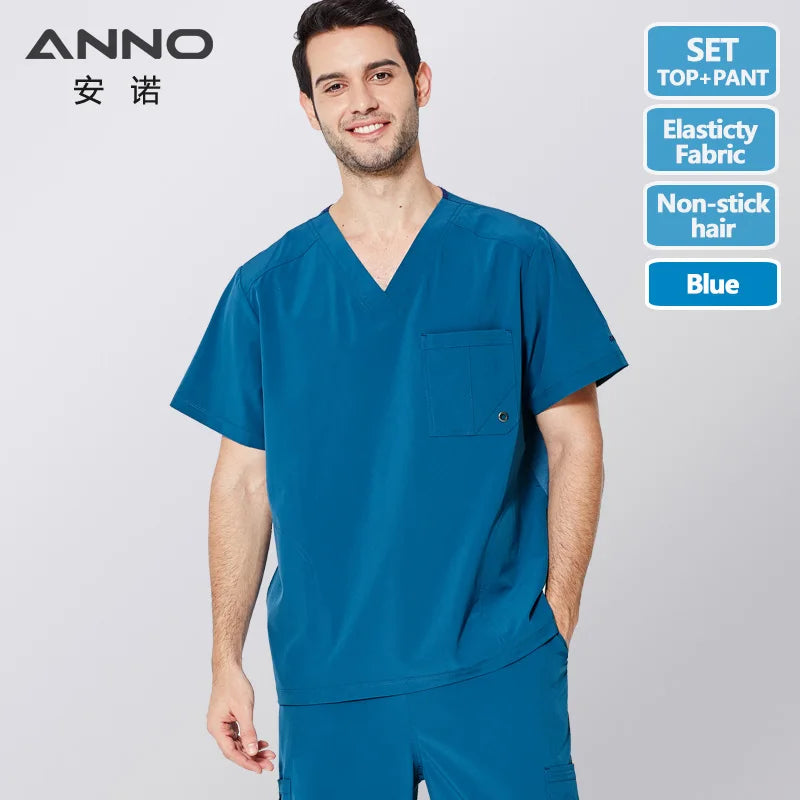 ANNO Nurse Uniform Non Stick Hair Fabric Pet Hospital Clothes Scrubs Set Work Doctor Suit Stretch Elasticity Cool Material QinLan-Set-Short