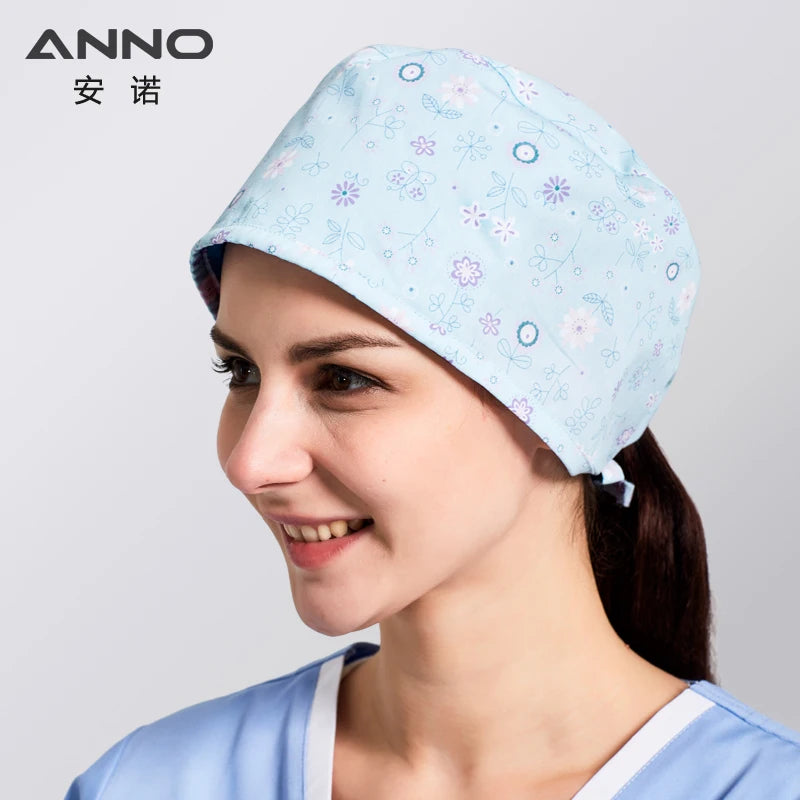 ANNO Disposable Cotton Caps Women Man Hat Clinic Hospital Doctor Nurse Work Hat Bouffant Printing Nursing Cap with Sweatband 01C-B38
