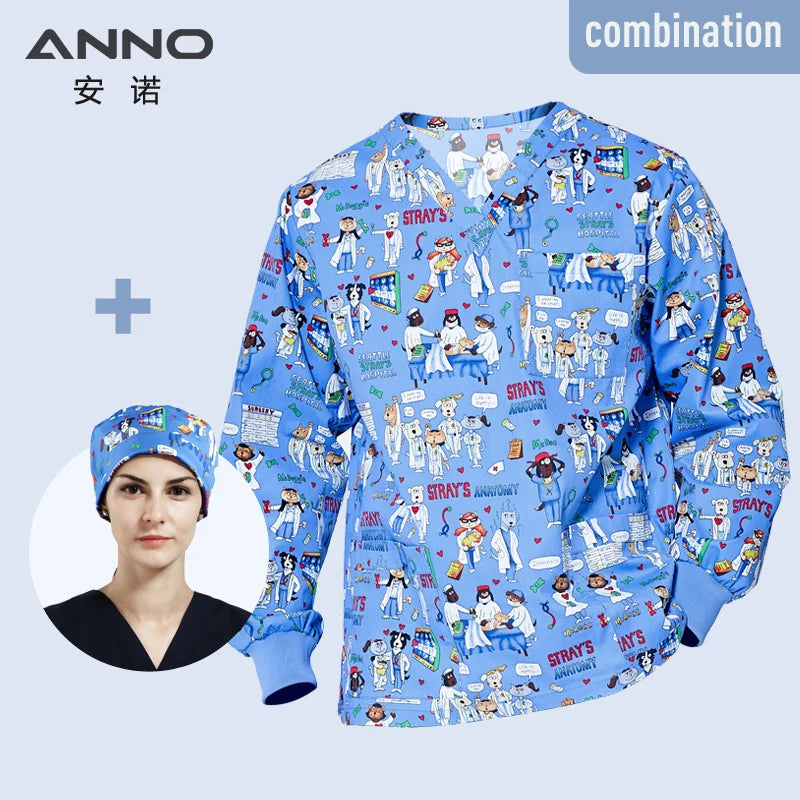 ANNO Hospital Autumn Winter Scrubs Tops Trousers Sets Optiona Long Sleeves Nursing Uniform Dental Clinic Supplies Nurse Clothing MaoGouYiSheng-L-Top