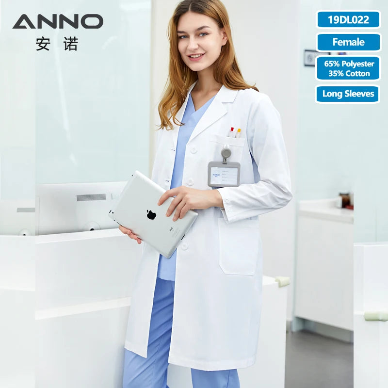 ANNO White Doctor Medical Coat Unisex Lab Uniforms Dentistry Clinic Overall Pharmacy Chemistry Medico Gown 19DL022-Female