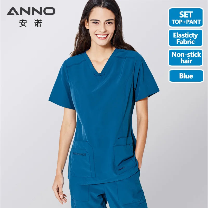 ANNO Non-stick Hair Scrubs Set Elasticity Nurse Uniform Slim fit Nursing Dress Pet Hospital Staff Cloths Veterinary Work Wear K02-Cyan-Set