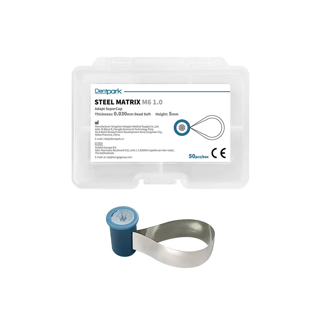 Dentpark Dental Stainless-Steel Matrix Bands M6, Double-Side Contoured, Anatomically Shaped, Knob Type, Dentistry Tool, 50Pcs T0.030mm H 5.0mm