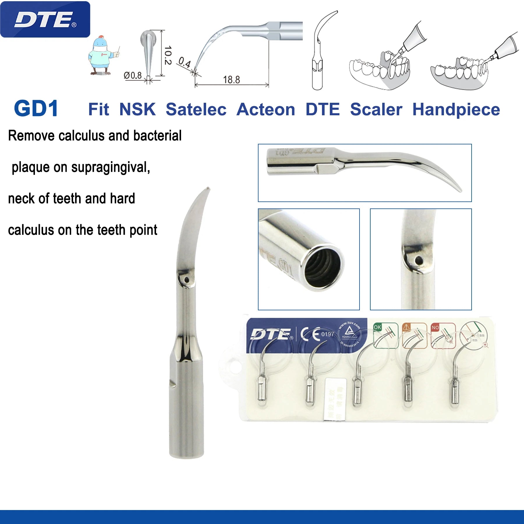 Original Woodpecker DTE Dental Scaler Tips Ultrasonic Scaling Tip G1-G8 GD1-GD8 For teeth cleaning Fit EMS NSK Satelec Acteon GD1-5pc