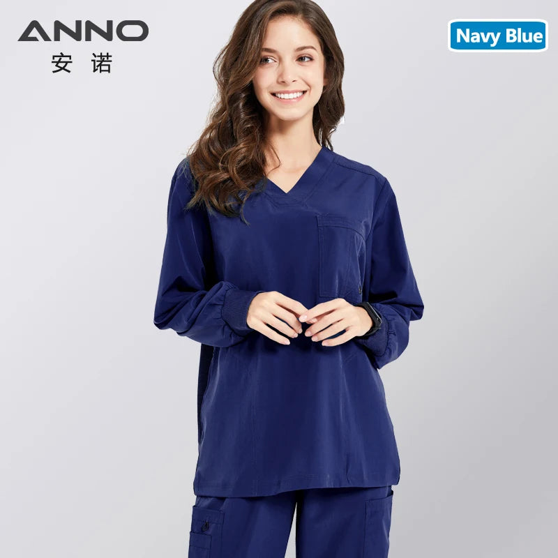 ANNO Nurse Uniform Non Stick Hair Fabric Pet Hospital Clothes Scrubs Set Work Doctor Suit Stretch Elasticity Cool Material QunQin-Set-Long