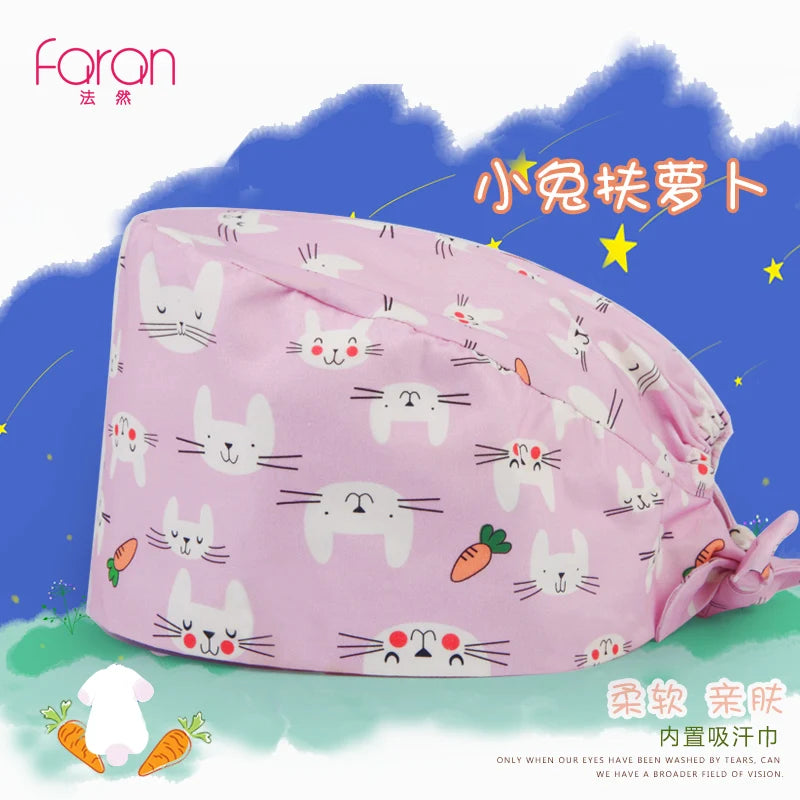 Faran Cotton Scrub Caps Women Men Dentist Hospital Doctor Work Surgical Hats Nursing Head Dress for Men Animal Carton Print FRH01-X040