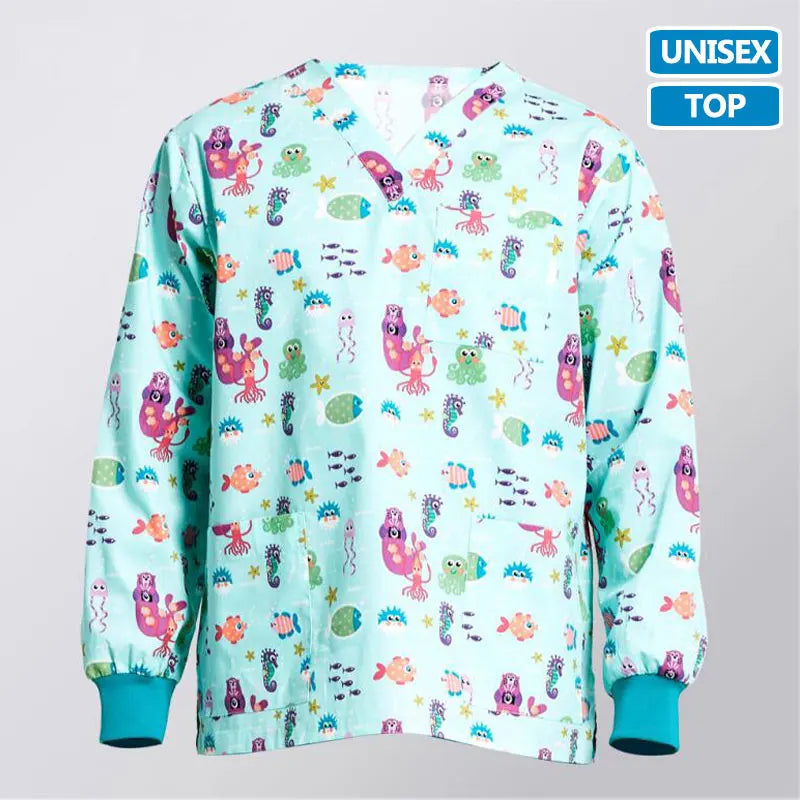 ANNO Hospital Autumn Winter Medical Scrubs Tops Long Sleeves Print Nursing Uniform Nurse Tunic Clothes Out Wear Coat HaiDiShiJie-L