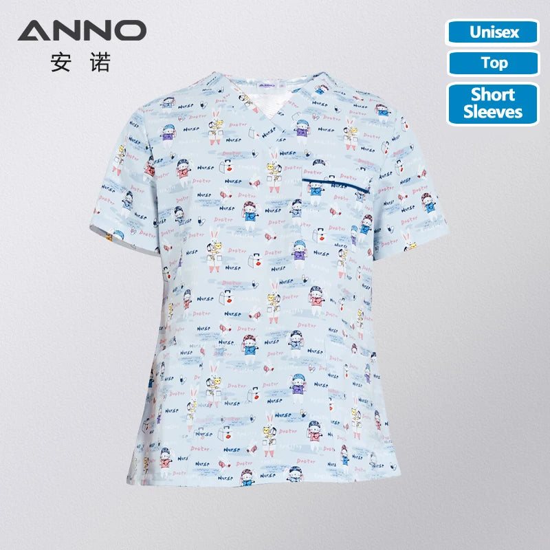 ANNO Hospital Medical Scrubs Set Nursing Uniform for Uisex Dental Clinic Nurse Scrubs SPA Uniforms with Short or Long Sleeves XiaoTuYiS-Top-Short