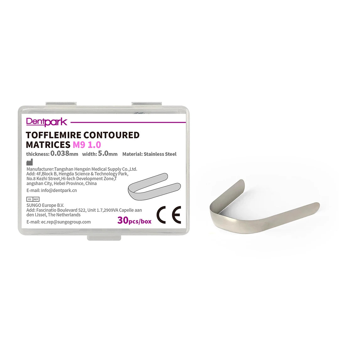 Dentpark 30pc Dental Tofflemire Double Contoured Matrices M9 Stainless Steel Premolar Molar Dentistry Matrix Bands 4 Sizes 0.038mm-5mm 30pcs