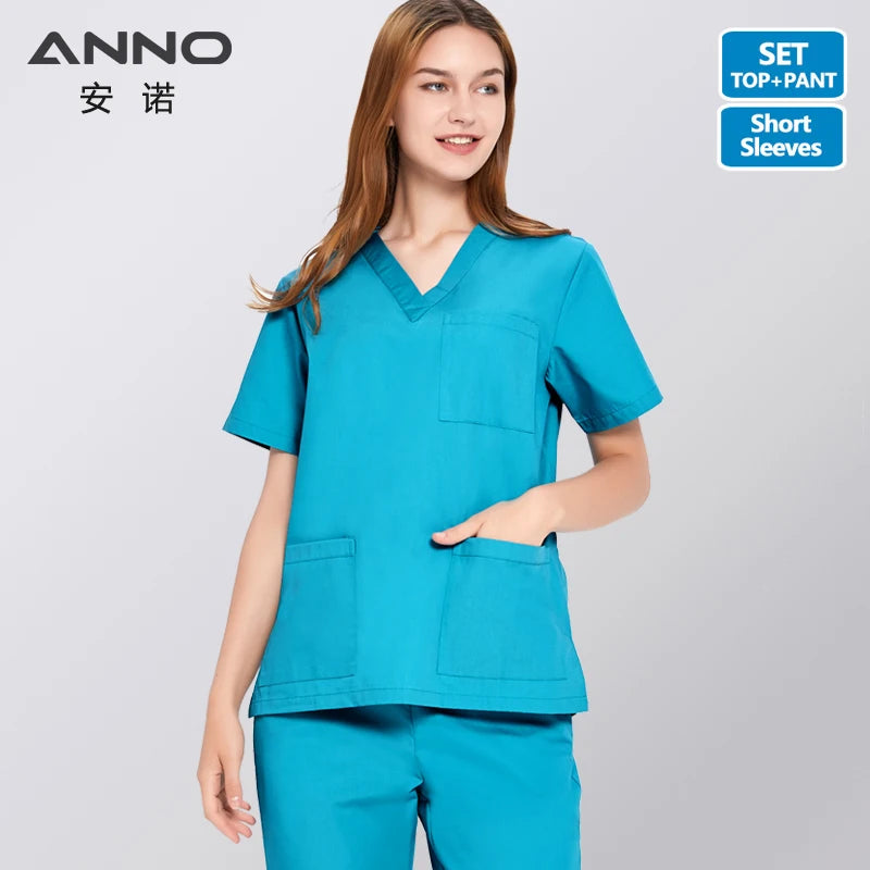 ANNO Solid Color Scrubs Set Work Cloths with Short/Long Sleeves Nursing Uniform Tops Trousers Nurse Suit Hospital Dress 09SS001-LanLv-Set
