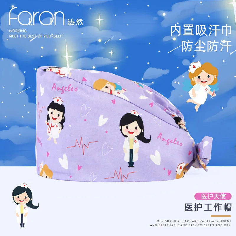 Faran Cotton Scrub Caps Women Men Dentist Hospital Doctor Work Surgical Hats Nursing Head Dress for Men Animal Carton Print FRH01-X081