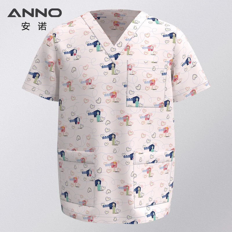 ANNO Hospital Staff Scrubs Top Medical Sanitary Nursing Uniform Dental Clinic Print Beauty Caregiver Coveralls B111