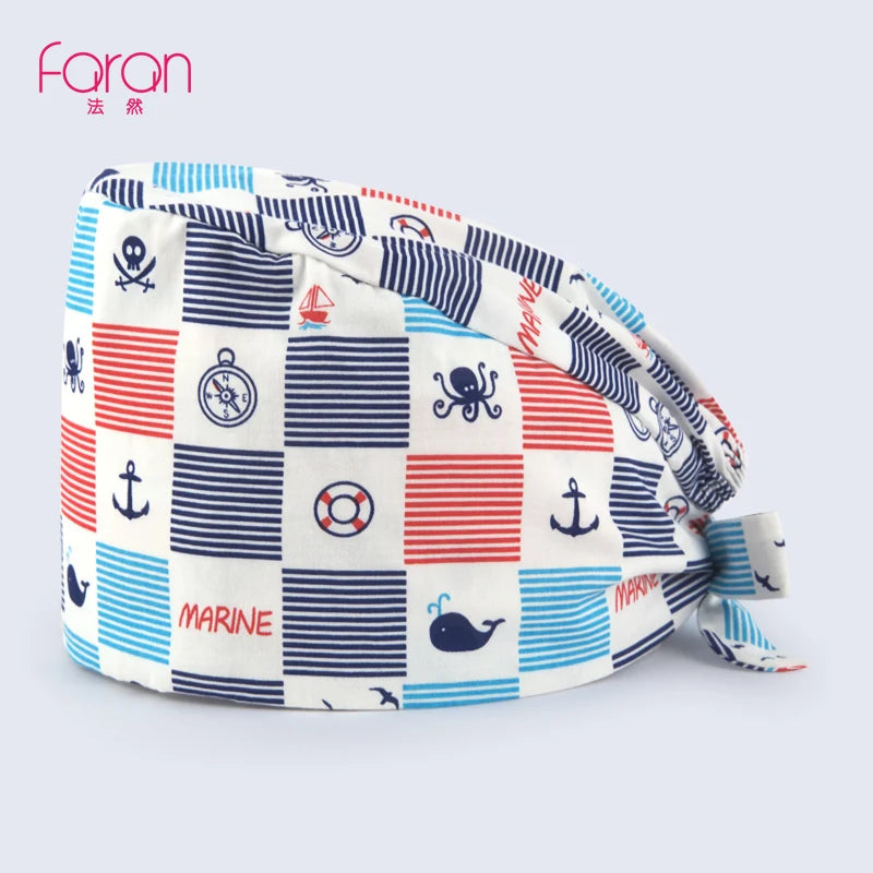 Faran Cotton Scrub Caps Women Men Dentist Hospital Doctor Work Surgical Hats Nursing Head Dress for Men Animal Carton Print FRH01-X100