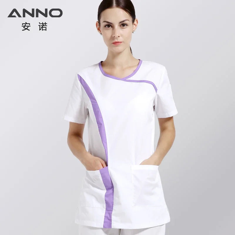 ANNO White Short Sleeves Nurse Uniforms Cotton Scrubs For Women Slim Fit O Neck Summer Beauty Salon Uniforms Clothing