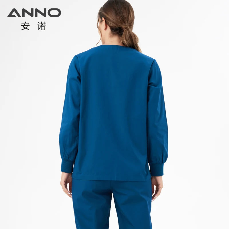 ANNO Long Sleeve Nurse Jacket Out Coat Doctor Shirt Women Men Nursing Uniform Top Hospital Clothing Work Wear