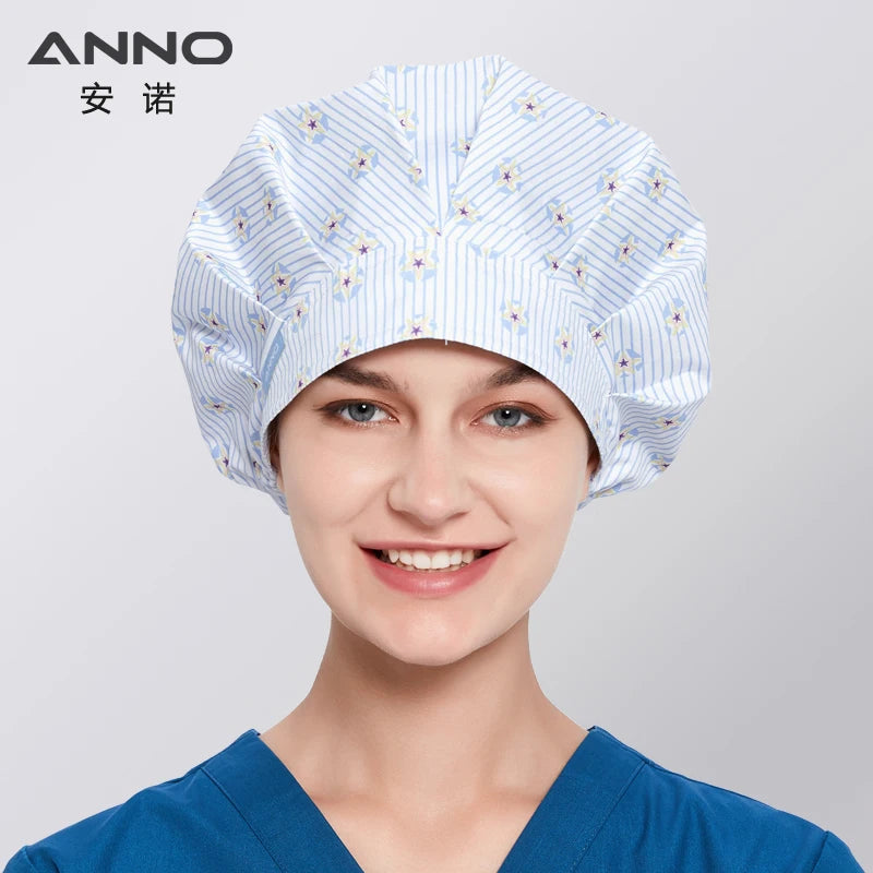 ANNO Cotton Caps Women Hospital Doctor Nurse Work Hats Bouffant Nursing Cap with Sweatband Long Hair Head Wear Chlorine Bleach 01A-B113